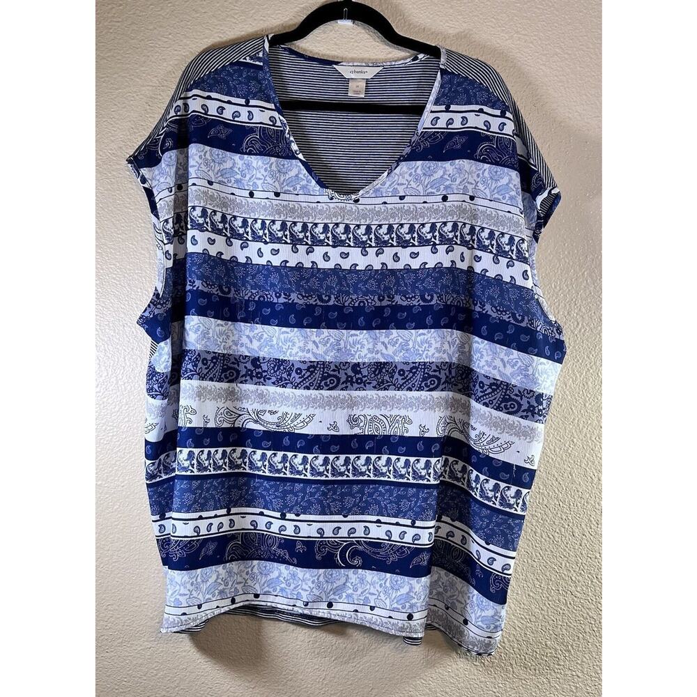 CJ Banks Plus 2X Blue Striped Paisley Top Blouse Short Sleeve